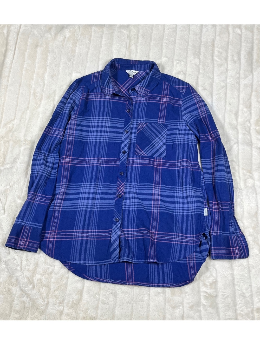 Orvis Women's L Blue Pink Plaid Button Midwest Casual Fall Lightweight Shirt